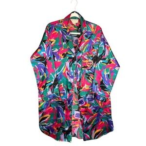 Adolfo Classics Vintage Sleep Shirt Medium Multicolor Abstract Satin Nightgown